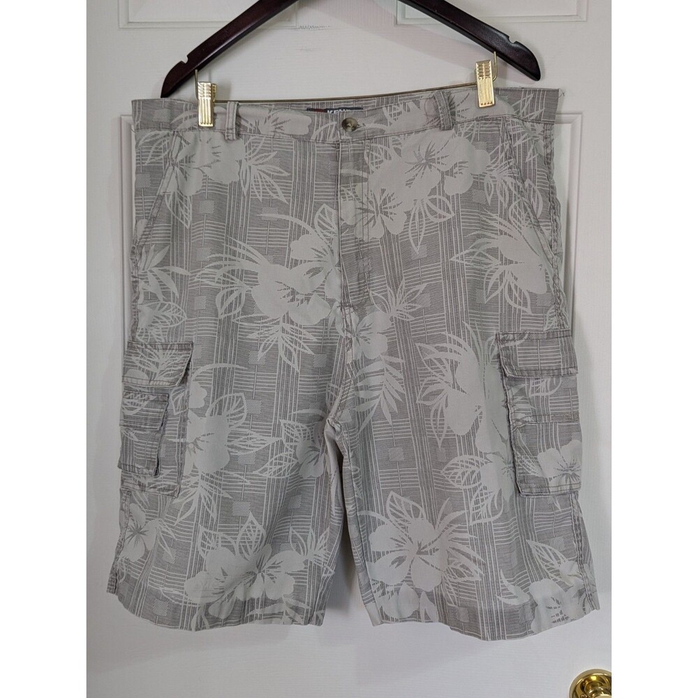 Kenpo Cargo Shorts Mens 38 Beige Floral Hawaiian Utility Pockets Cotton Blend
